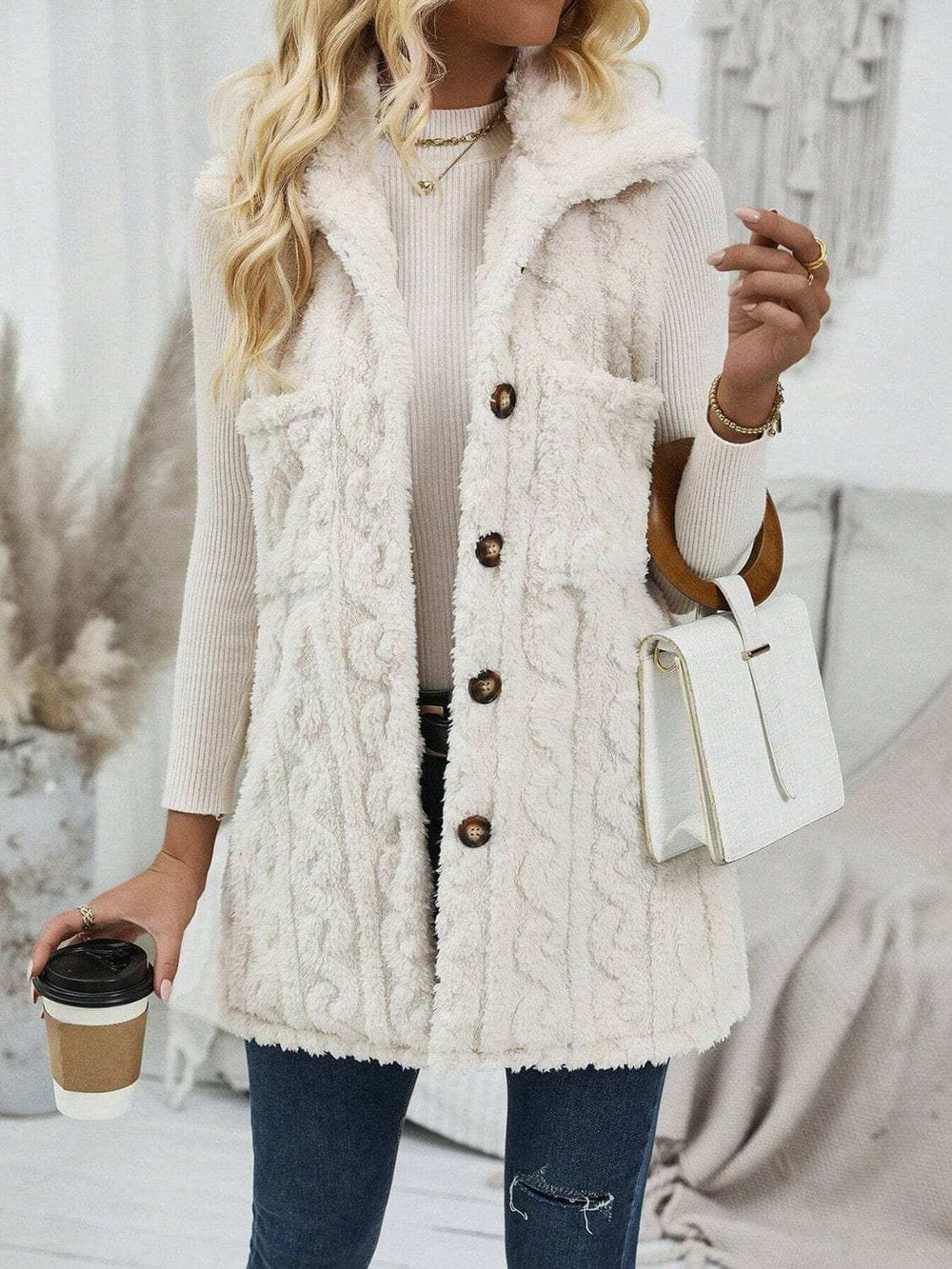 Fuzzy Button Up Vest Coat - Trendsi - Flyclothing LLC