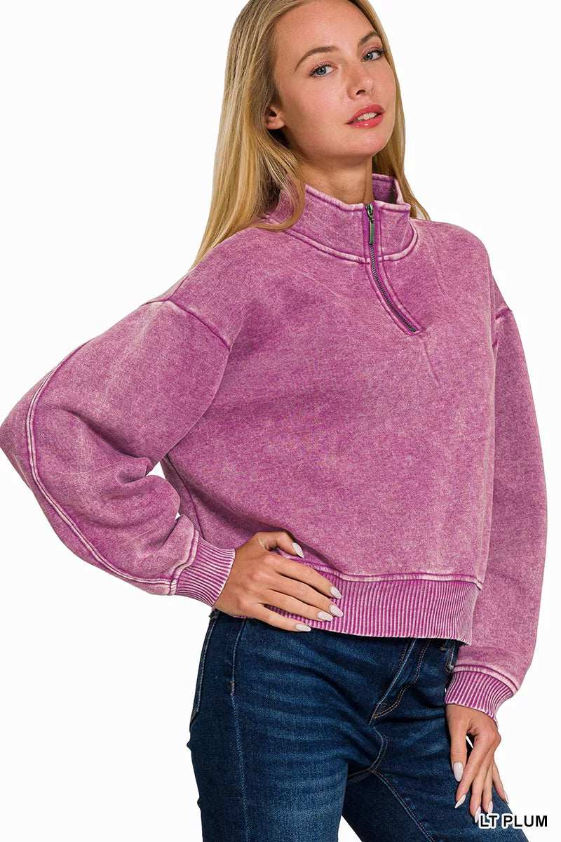 Zenana Acid Wash Fleece Half Zip Sweatshirt - Trendsi - Flyclothing LLC