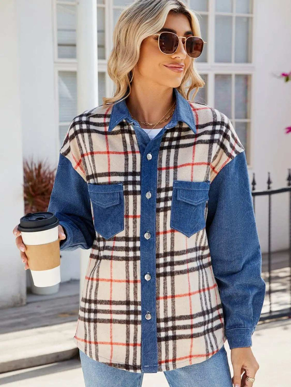 Plaid Long Sleeve Denim Jacket - Trendsi - Flyclothing LLC