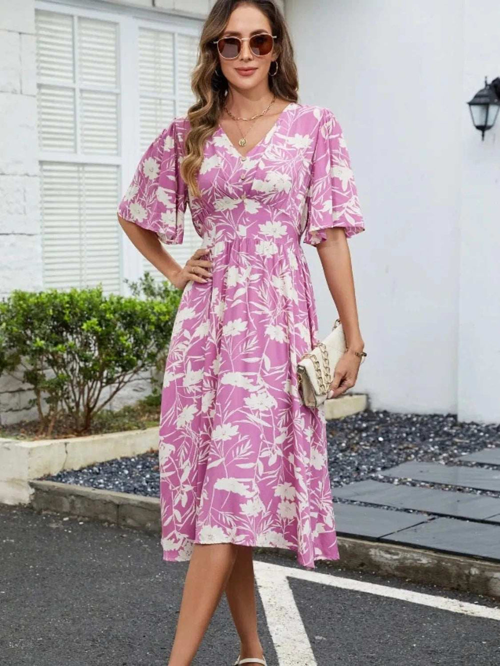 Printed V-Neck Flutter Sleeve Dress - Trendsi - Flyclothing LLC