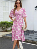Printed V-Neck Flutter Sleeve Dress - Trendsi - Flyclothing LLC