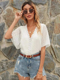 Lace Detail V-Neck Siwss Dot Blouse - Trendsi - Flyclothing LLC