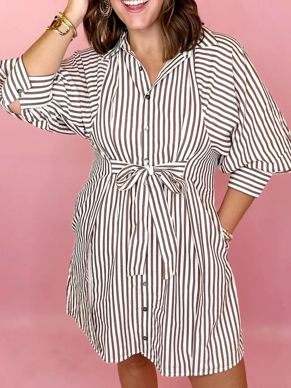 Striped Tie Waist Shirt Dress - Trendsi - Flyclothing LLC