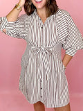 Striped Tie Waist Shirt Dress - Trendsi - Flyclothing LLC