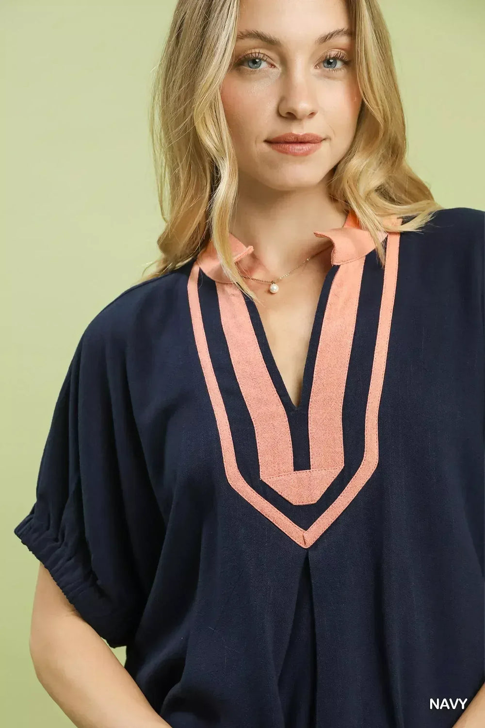 Umgee Linen Contrast Trim V-Neck Blouse - Trendsi - Flyclothing LLC
