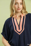 Umgee Linen Contrast Trim V-Neck Blouse - Trendsi - Flyclothing LLC
