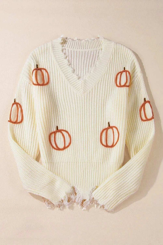 Raw Hem Pumpkin V-Neck Long Sleeve Sweater - Trendsi - Flyclothing LLC