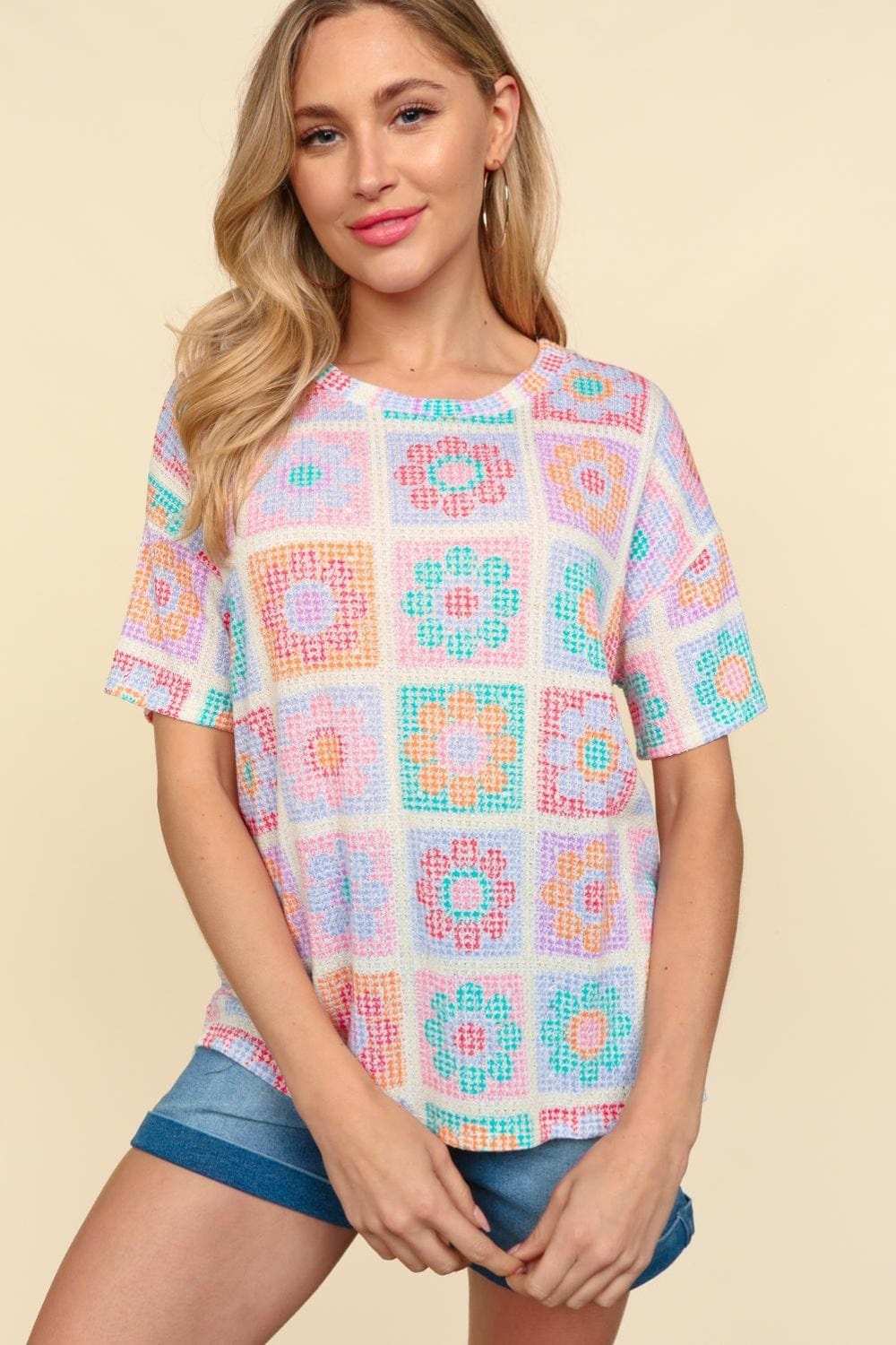 Haptics Flower Print Round Neck Short Sleeve T-Shirt - Trendsi - Flyclothing LLC