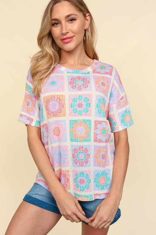 Haptics Flower Print Round Neck Short Sleeve T-Shirt - Trendsi - Flyclothing LLC