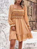 Smocked Polka Dot Long Sleeve Dress - Trendsi - Flyclothing LLC