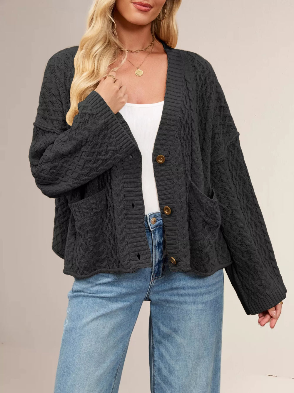 Cable Knit Button-Down Cardigan - Trendsi - Flyclothing LLC