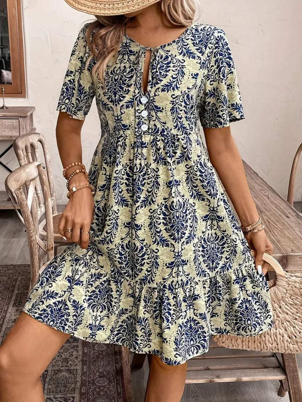 Printed Tie Neck Short Sleeve Dress - Trendsi - Flyclothing LLC