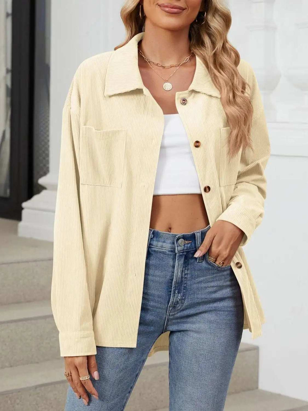 Button Up Dropped Shoulder Long Sleeve Outerwear - Trendsi - Flyclothing LLC