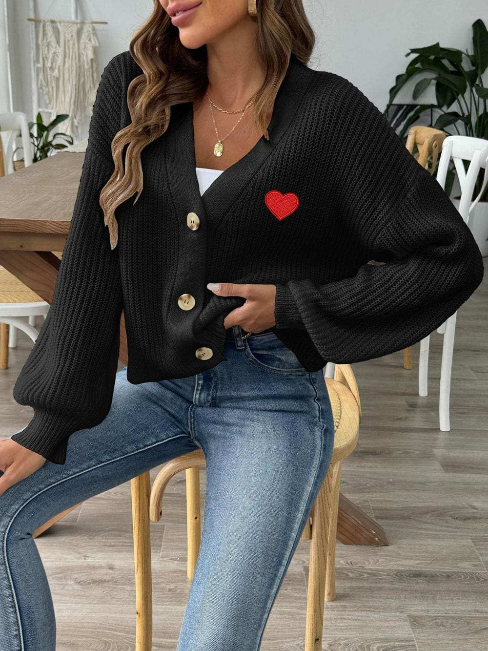Heart Button Down V-Neck Long Sleeve Cardigan - Trendsi - Flyclothing LLC