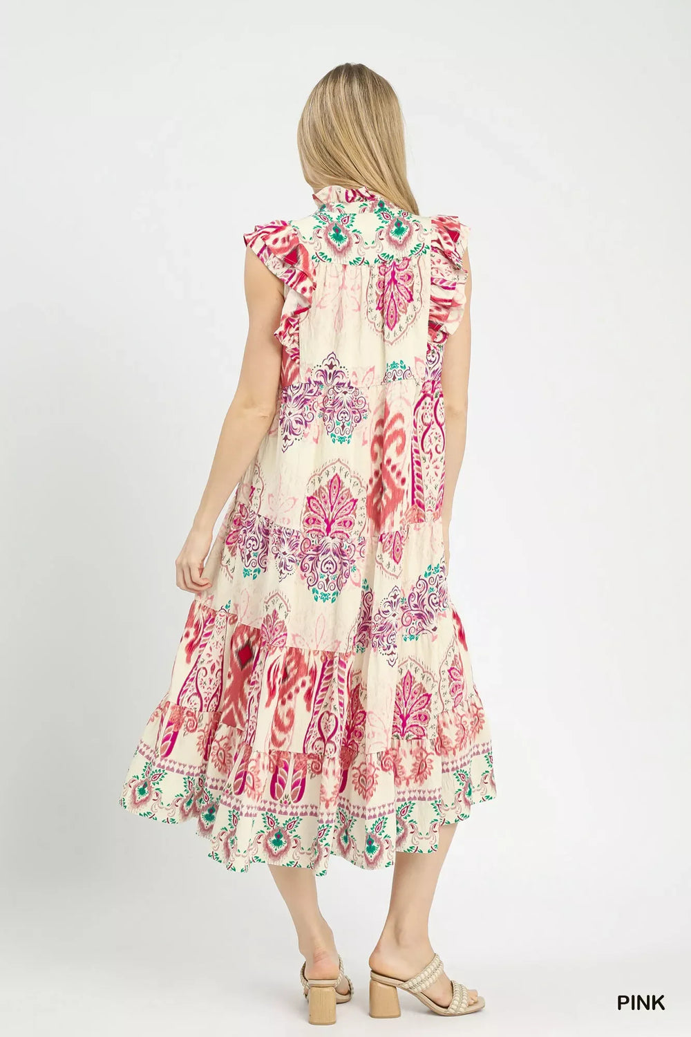 Umgee Boho Boarder Print Ruffle Midi Dress - Trendsi - Flyclothing LLC
