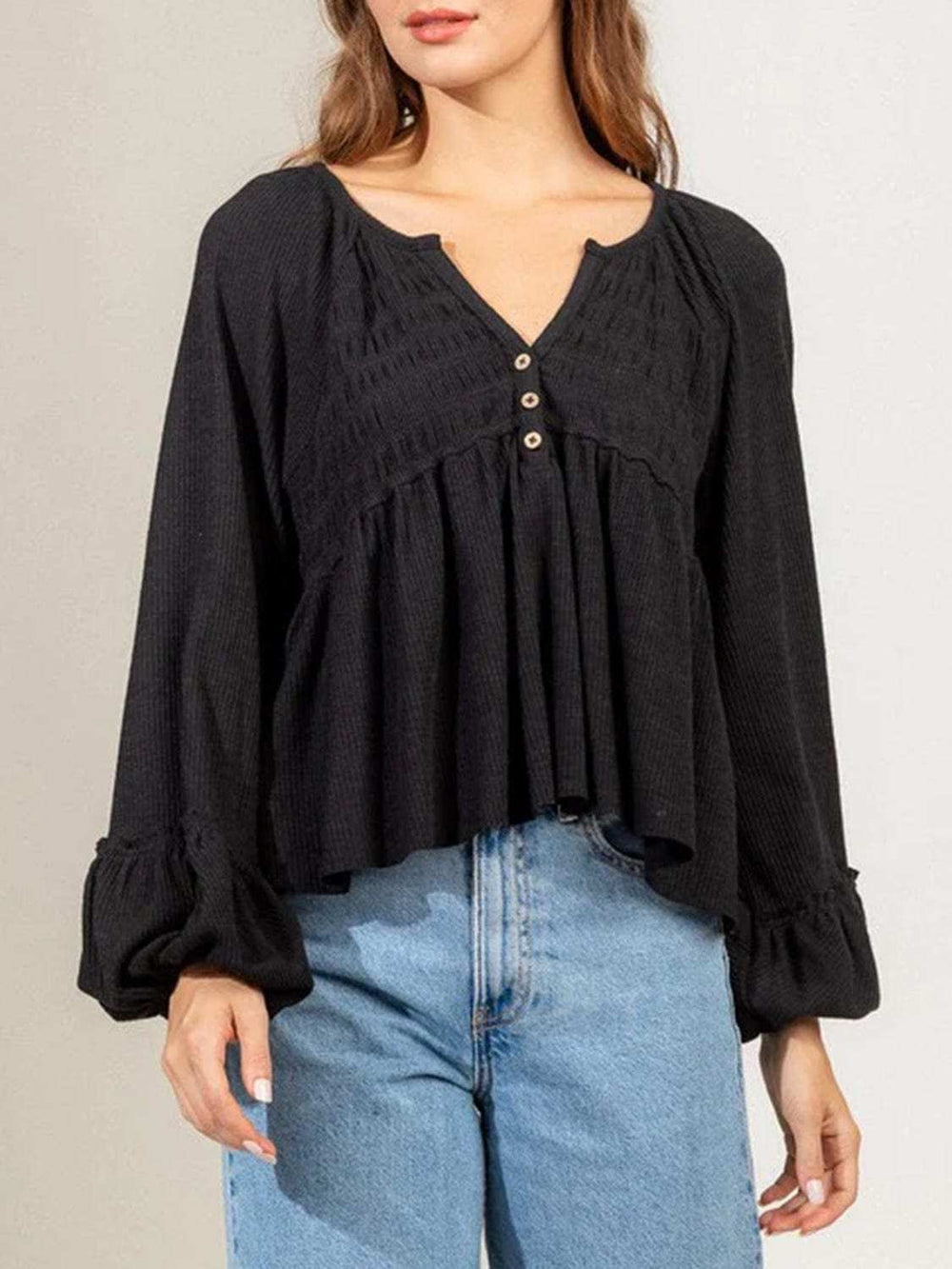 Notched Balloon Sleeve Peplum Blouse - Trendsi - Flyclothing LLC