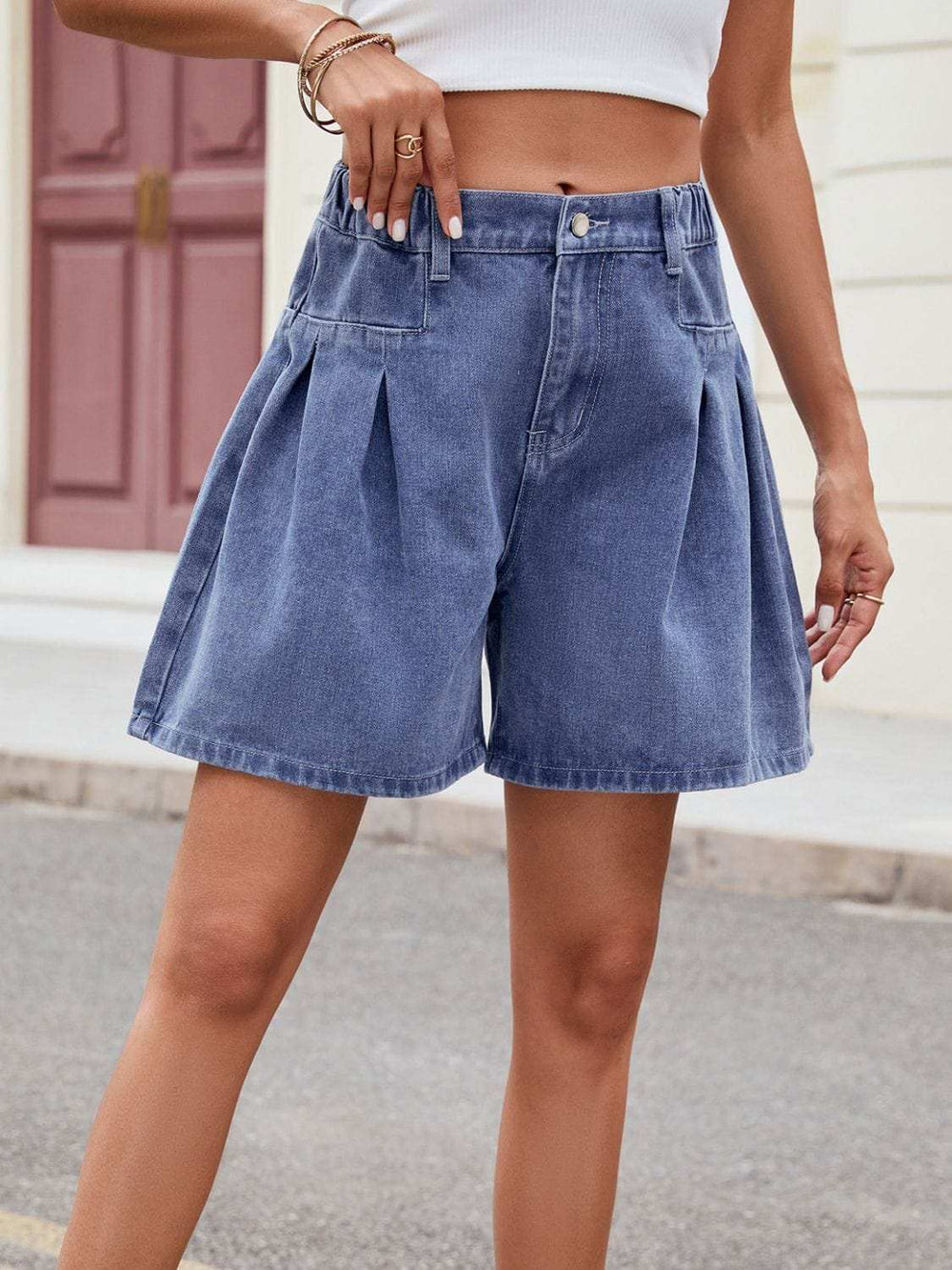 Ruched Half Elastic Waist Denim Shorts - Trendsi - Flyclothing LLC