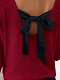 Ribbed V Neck Contrast Ribbon Bow Back Drop Shoulder Long Sleeve Top - Trendsi - Flyclothing LLC