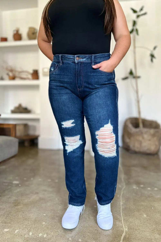 Judy Blue Full Size High Waist Rigid Magic Heavy Destroy Straight Jeans - Trendsi - Flyclothing LLC