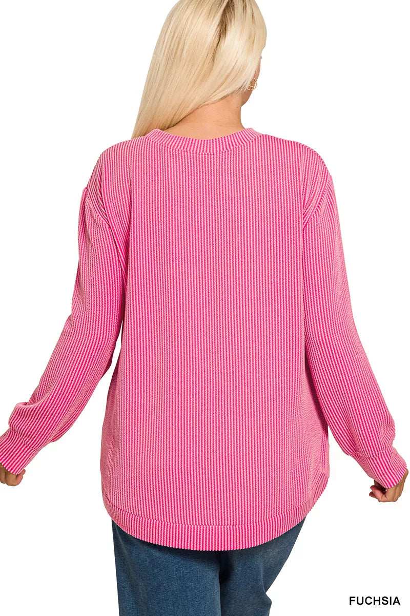 Zenana Full Size Raised Rib Round Neck Long Sleeve Top Plus Size - Trendsi - Flyclothing LLC