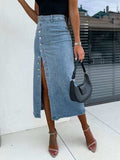 Front Button Slit Midi Denim Skirt - Trendsi - Flyclothing LLC
