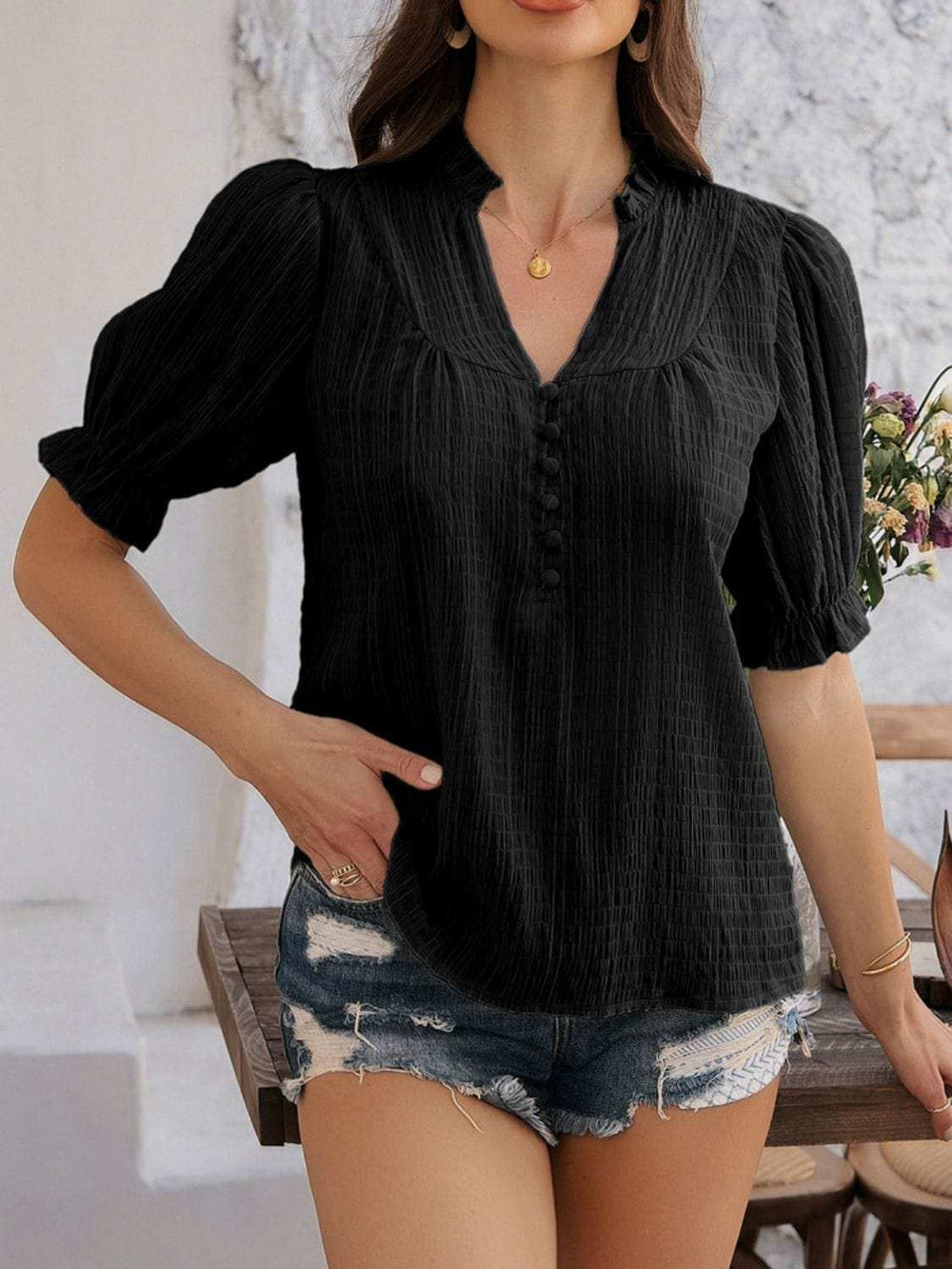 Devine Frill Notched Short Sleeve Blouse - Trendsi - Flyclothing LLC