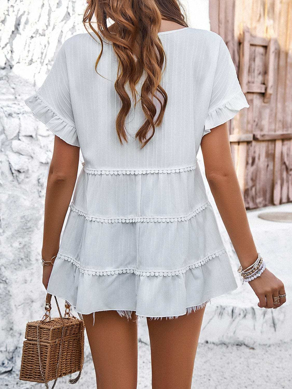 Round Neck Flounce Sleeve Blouse - Trendsi - Flyclothing LLC