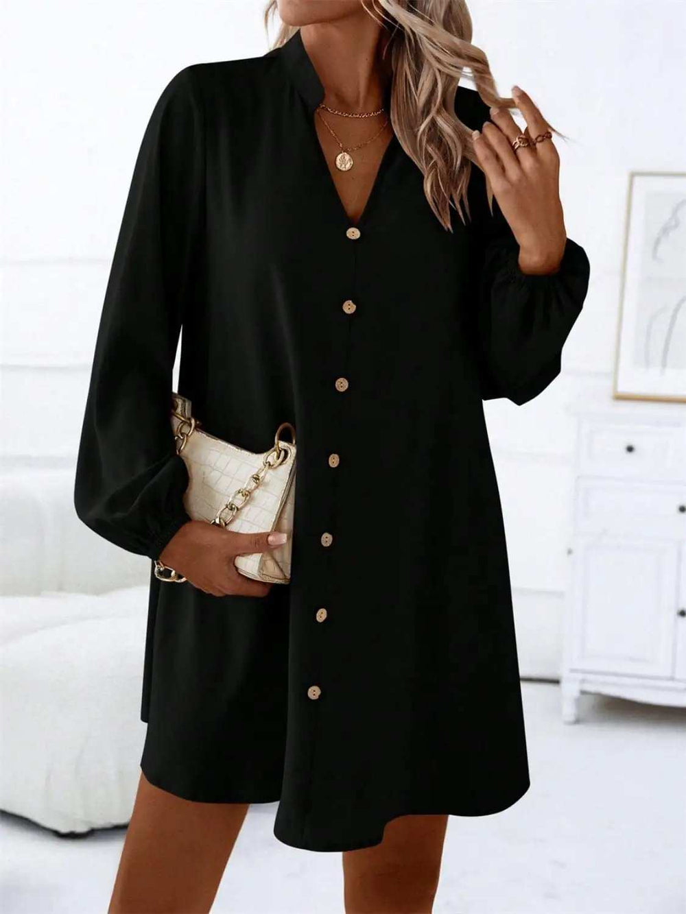 Notched Long Sleeve Mini Dress - Trendsi - Flyclothing LLC