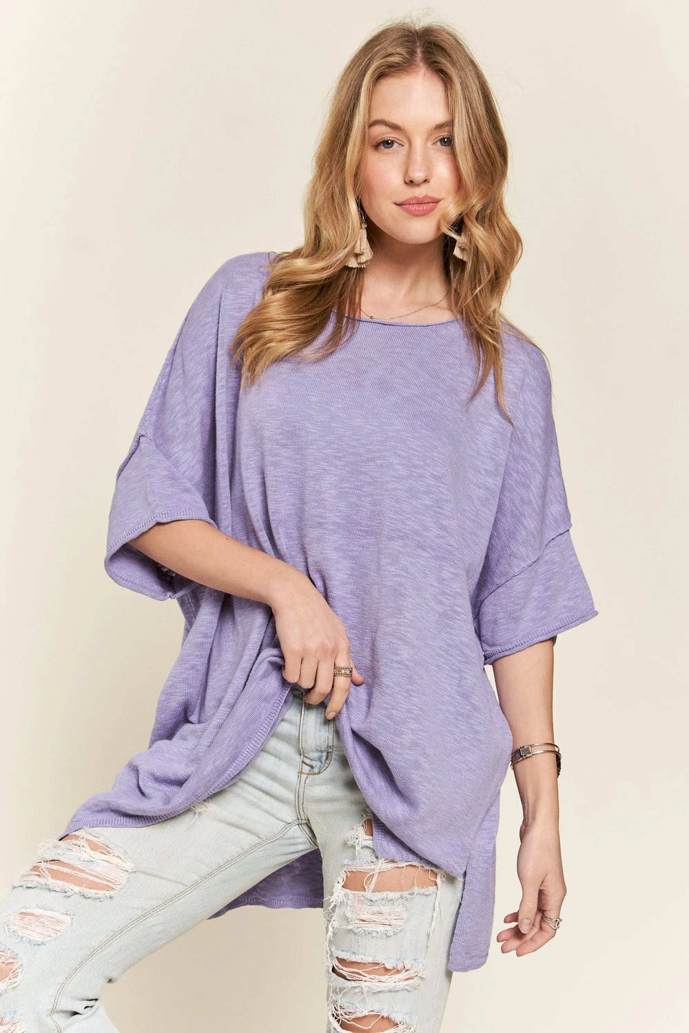 ADORA Drop Shoulder Loose Fit Knit Tunic Top - Trendsi - Flyclothing LLC