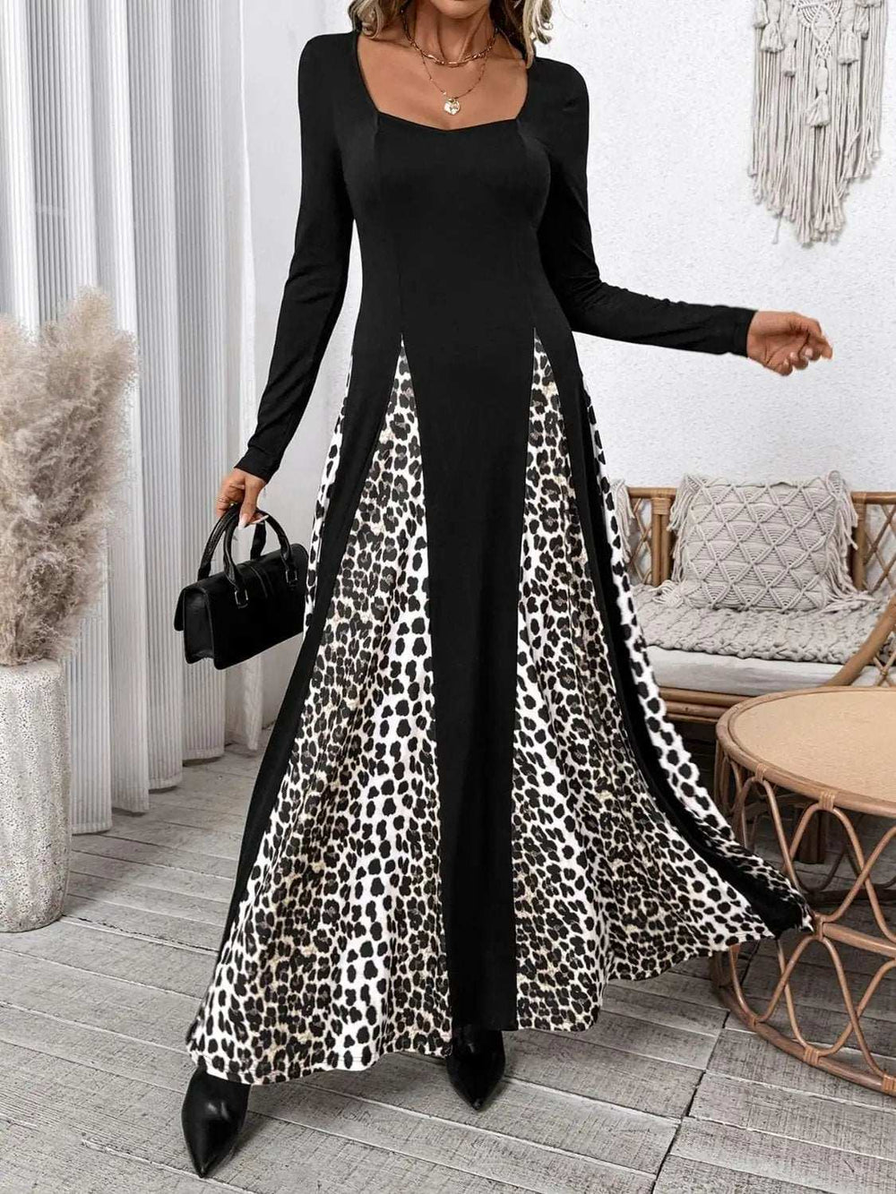 Perfee Leopard Square Neck Long Sleeve Maxi Dress - Trendsi - Flyclothing LLC