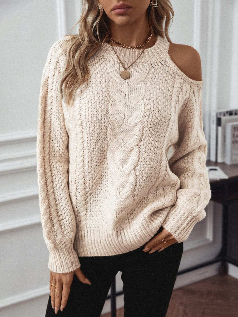Cable Knit Round Neck Cold Shoulder Sweater - Trendsi - Flyclothing LLC