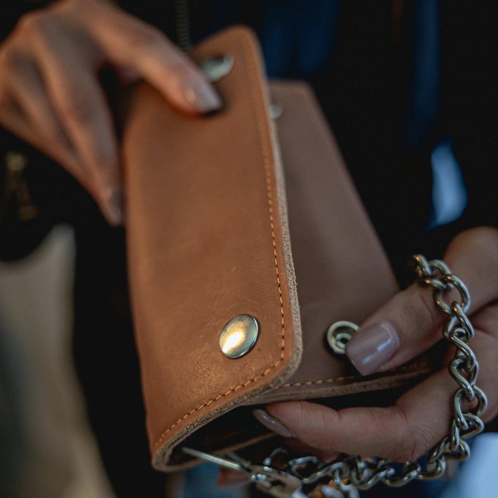 Brown Trifold Long Chain Biker Wallet - Unik Just for Bikers - Flyclothing LLC