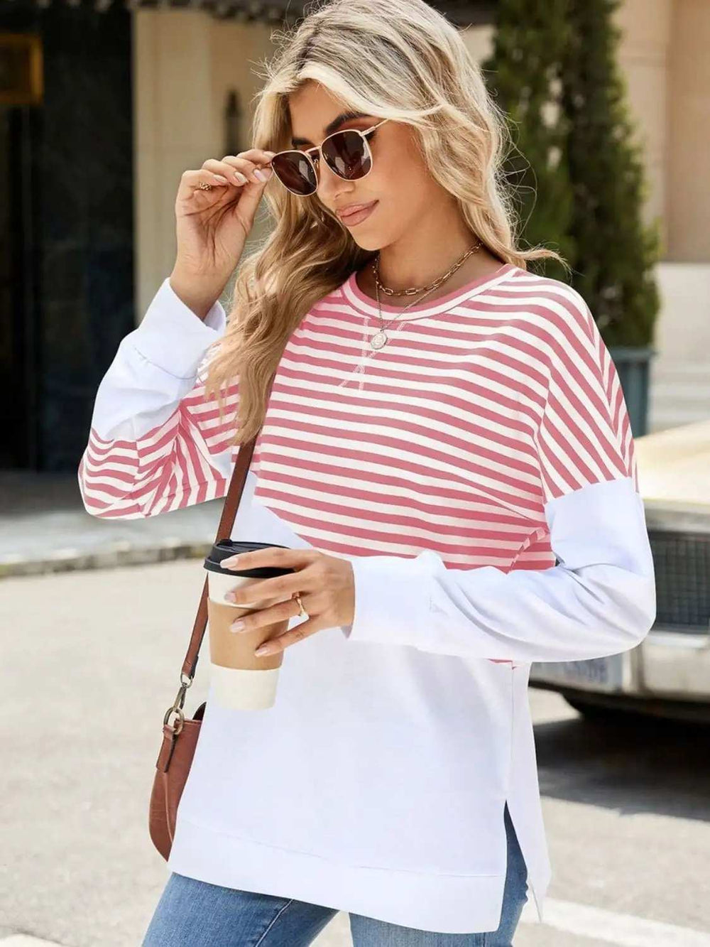 Slit Contrast Striped Long Sleeve Sweatshirt - Trendsi - Flyclothing LLC