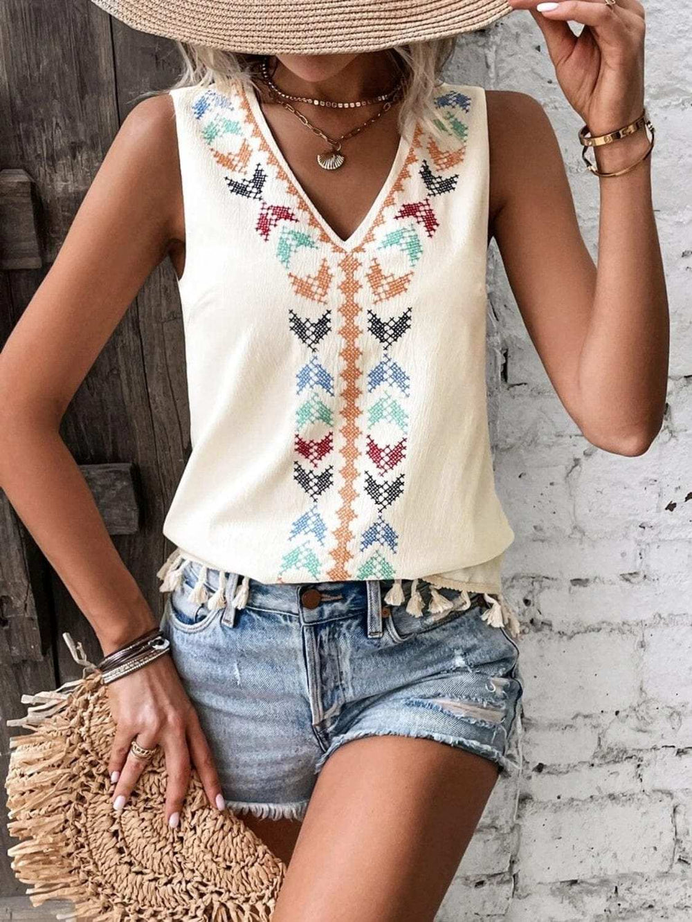 Tassel Printed V-Neck Tank - Trendsi - Flyclothing LLC