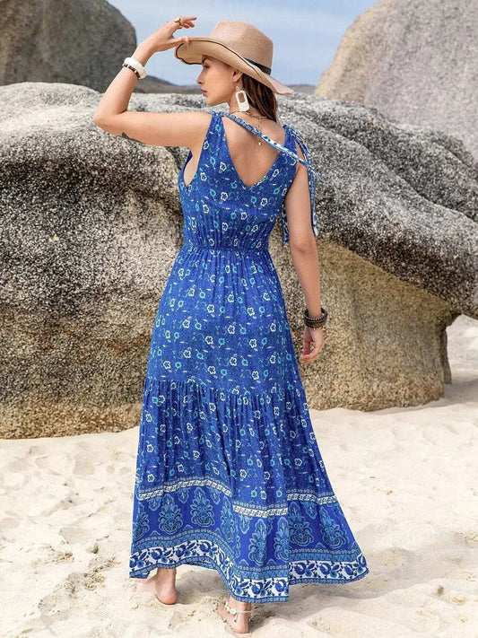 Printed V-Neck Tie Shoulder Dress - Trendsi - Flyclothing LLC