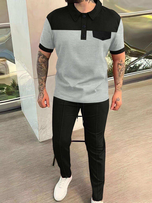 Men‘s Full Size Waffle-Knit Contrast Top and Pants Set Plus Size - Trendsi - Flyclothing LLC