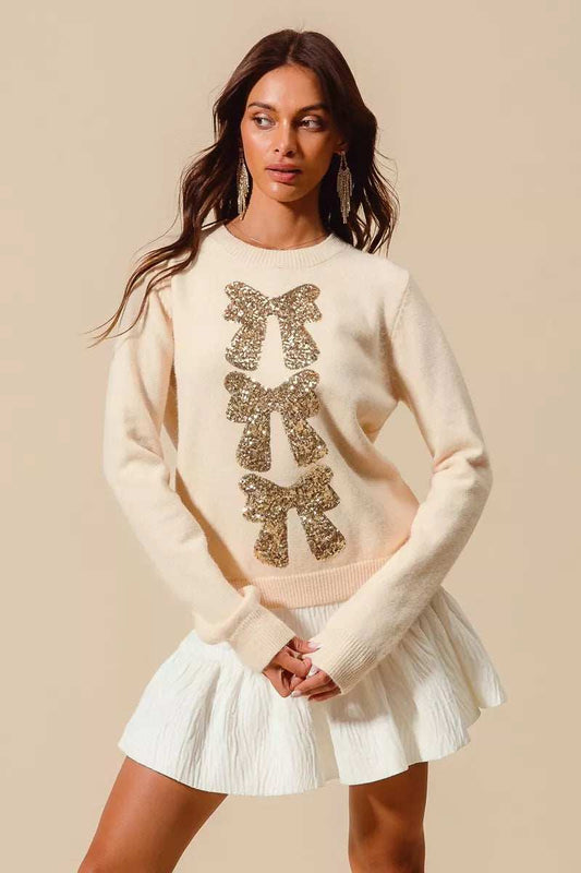 SO ME Sequins Bow Ribbon Embellished Christmas Sweater - Trendsi - Flyclothing LLC