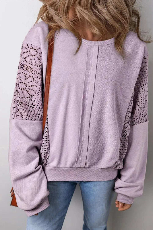 Openwork Round Neck Long Sleeve Sweatshirt - Trendsi - Flyclothing LLC