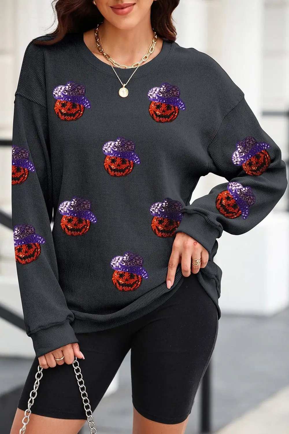 Sequin Pumpkin Long Sleeve Sweatshirt - Trendsi - Flyclothing LLC