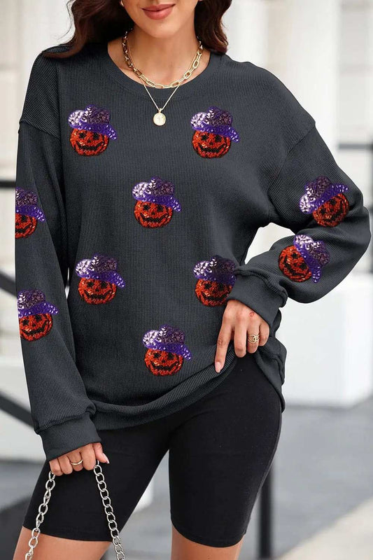 Sequin Pumpkin Long Sleeve Sweatshirt - Trendsi - Flyclothing LLC