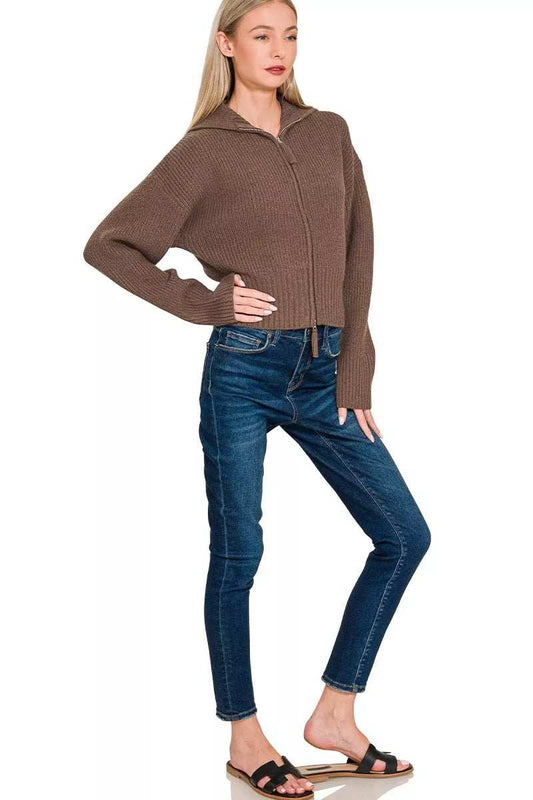 Zenana Ribbed Collared Zip Up Sweater Cardigan - Trendsi - Flyclothing LLC