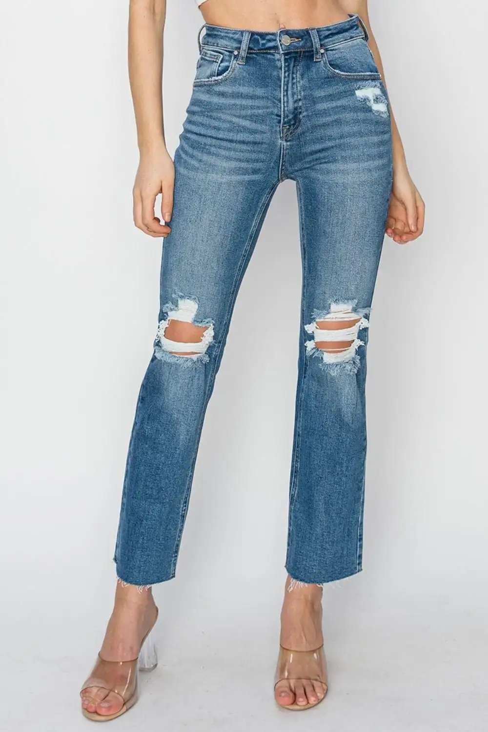 RISEN High Rise Distressed Ankle Jeans - Trendsi - Flyclothing LLC