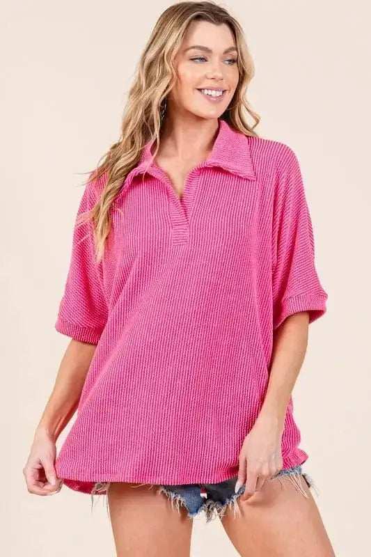 BOMBOM Ribbed Collared Neck Top - Trendsi - Flyclothing LLC