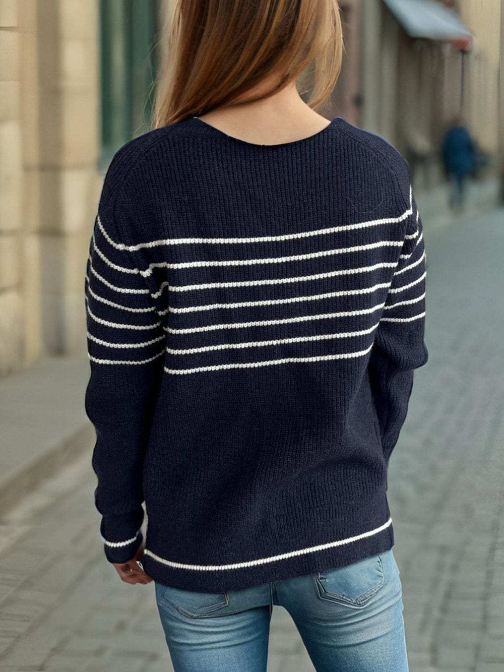 Striped Round Neck Long Sleeve Sweater - Trendsi - Flyclothing LLC