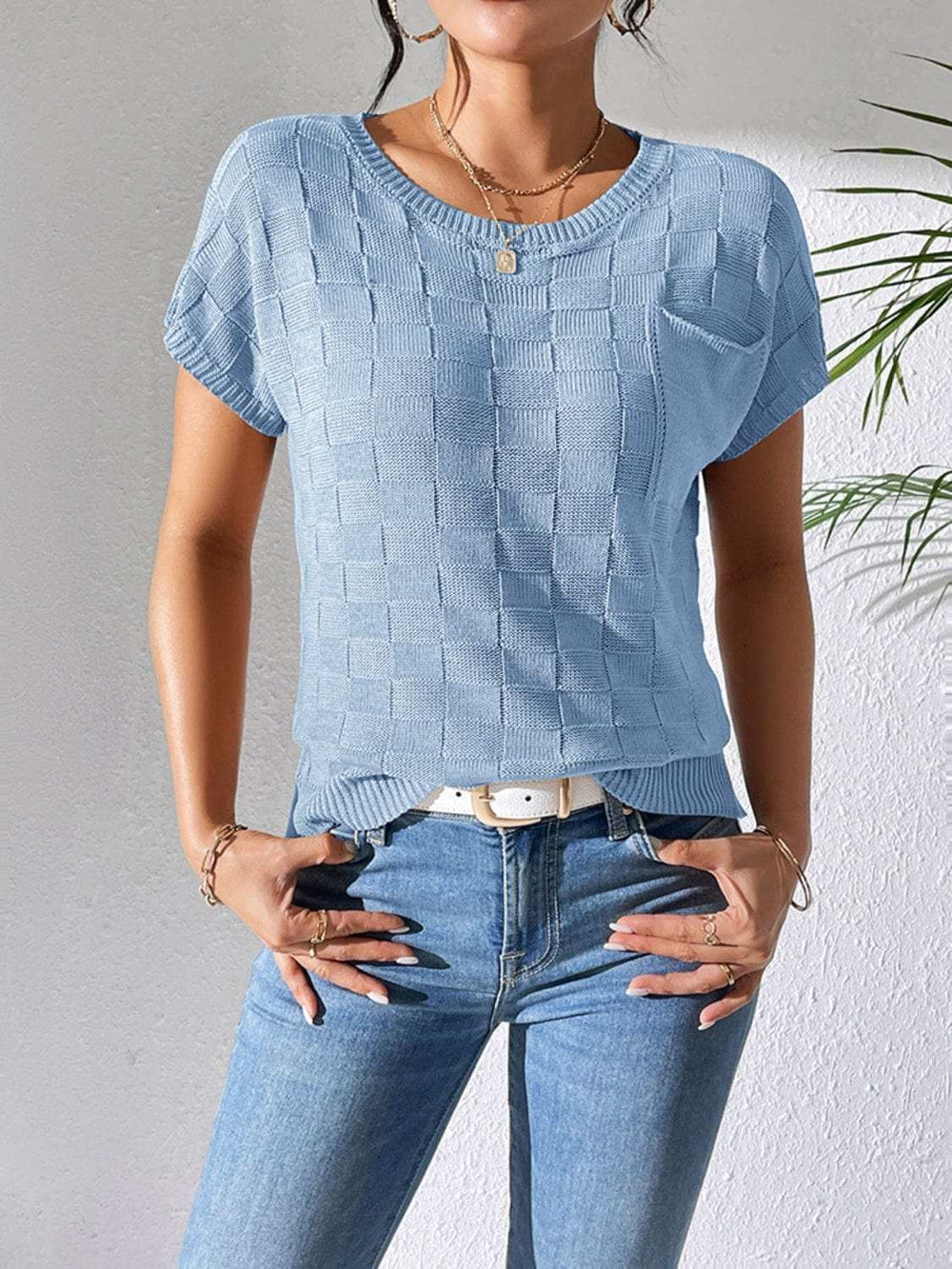 Round Neck Short Sleeve Knit Top - Trendsi - Flyclothing LLC