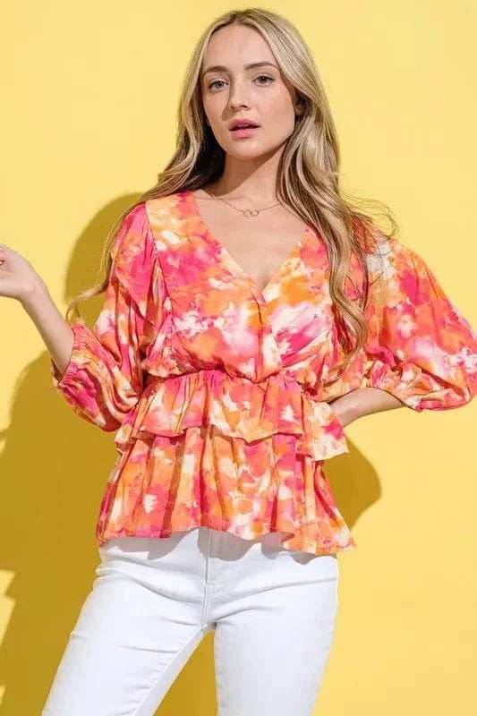 And The Why Ruffled Printed Puff Sleeve Blouse - Trendsi - Flyclothing LLC