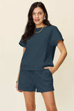 Double Take Full Size Texture Short Sleeve T-Shirt and Drawstring Shorts Set - Trendsi - Flyclothing LLC