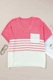 Striped V-Neck Short Sleeve Knit Top - Trendsi - Flyclothing LLC