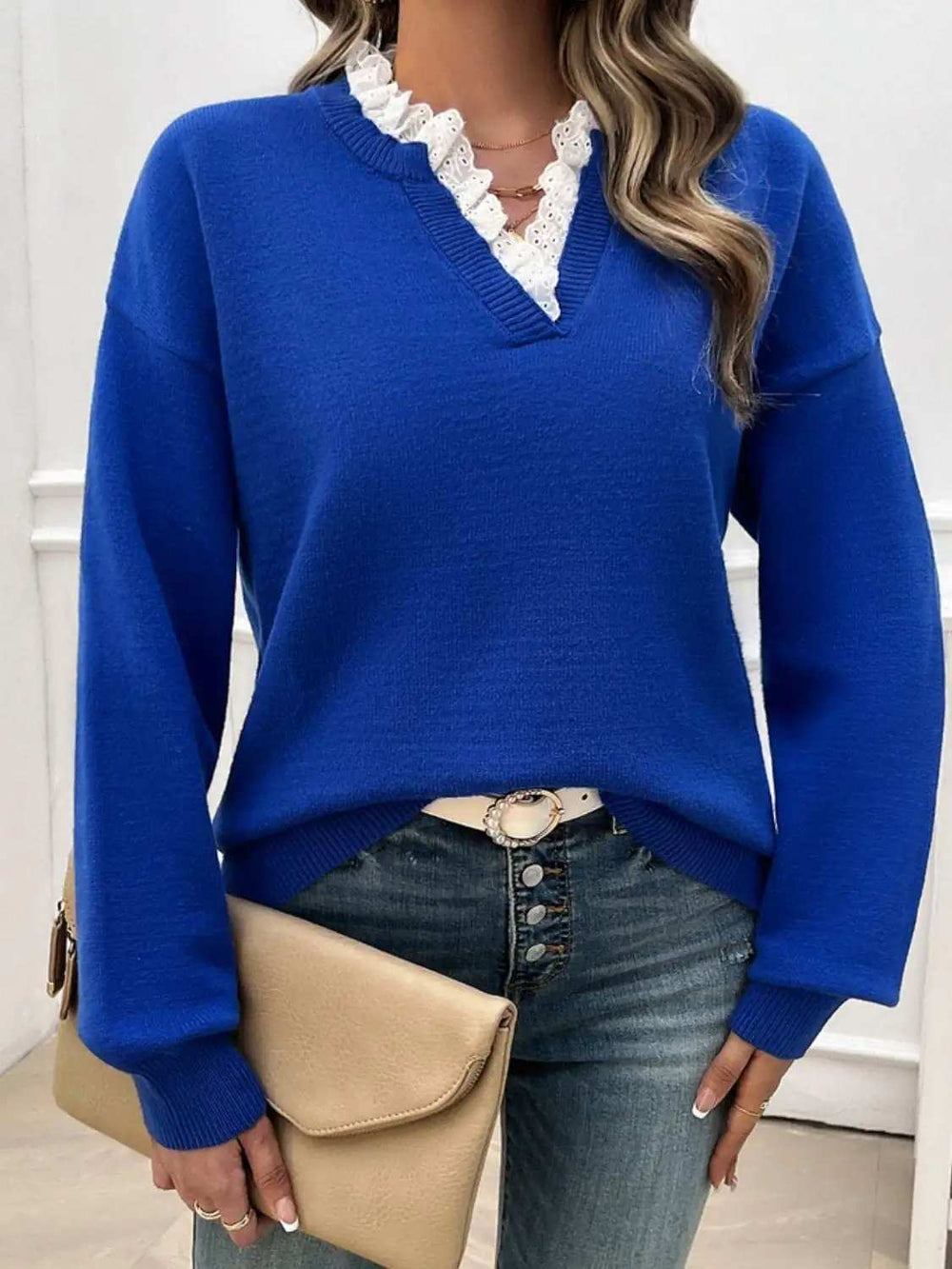 Lace Detail Notched Long Sleeve Sweater - Trendsi - Flyclothing LLC