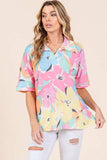 BOMBOM Floral Collared Neck Half Sleeve Top - Trendsi - Flyclothing LLC